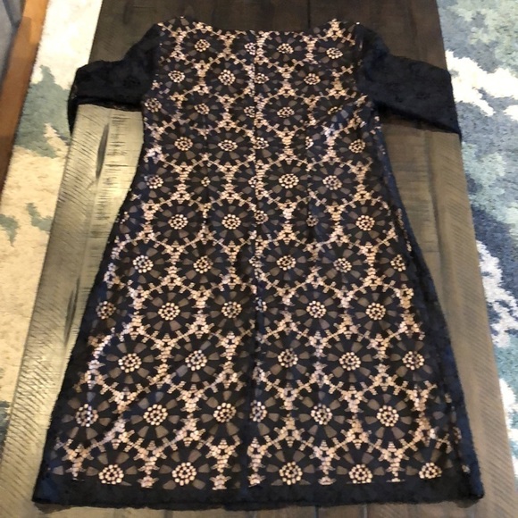 Eliza J Sheath Black Dress Embroidered Lace 3/4 Sleeves Size 8 Classy High Neck - Picture 13 of 16